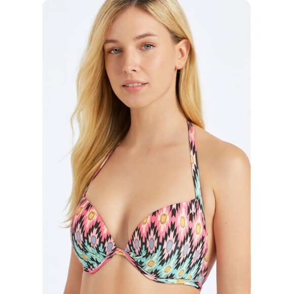 Victorias Secret Bikini Top Womens 34D Multicolor Ikat Foil The Fabulous Pushup - Picture 1 of 9